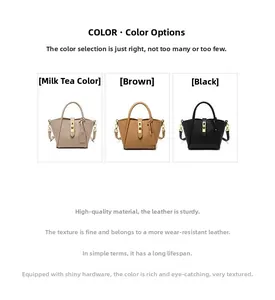 Three leather bucket bags in milk tea, brown, and black colors with gold locks