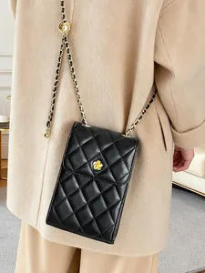 Damen Echtleder Gesteppte Handytasche Kamelienblüte Metallschnalle Kette Verstellbare Kugel Mini Umhängetasche Schultertasche