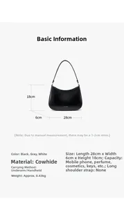Detailed size chart for black leather baguette bag showing dimensions 28x6x18cm