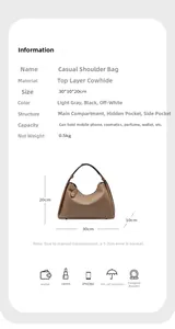 Détail du sac en cuir avec dimensions 30x20x10cm et illustration de la grande capacité