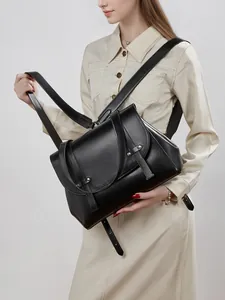 Classic black leather backpack and shoulder bag for women with large capacity
