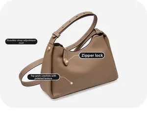 Détail d'un sac hobo en cuir grainé marron montrant la bandoulière rivetée et le fermoir zippé