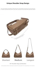 Détail de la bandoulière en cuir réglable de 15 cm à 73 cm pour porter à l'épaule ou croisé