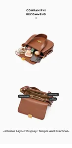 Internal view showing compartments and storage capacity of the brown leather bag