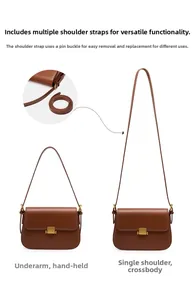 Detail view of brown leather bag with multiple straps for crossbody and shoulder use