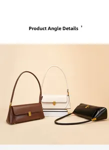 Three leather baguette bags in brown, white and black with gold flip-lock buckles