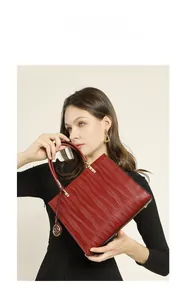 Macro detail of red textured leather handbag with gold hardware and circular metal charm