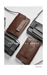 Flat lay of woven soft leather crossbody bags in black and brown featuring unique wide strap buckles