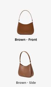 Front and side views of a brown leather baguette bag with Fashion & Trend lettering