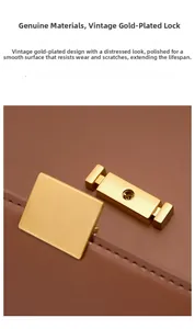 Detailed close-up of retro gold-plated lock on brown leather tofu bag with polished finish