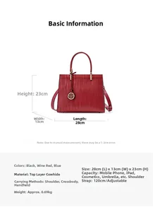 Detailed dimensions of genuine leather tote bag with hand and shoulder strap info