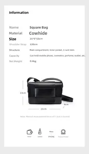 Detailed size chart of black cowhide woven crossbody bag with internal pocket features