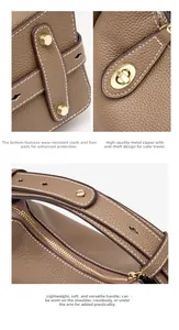 Détails macro du cuir grainé, des fermoirs dorés et des clous de protection du sac à main