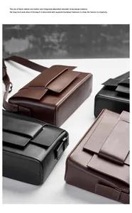 Detail of hand-rubbed cow leather crossbody bags in black and brown with fine metal hardware