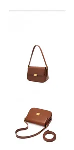 Brown leather crossbody bag with square gold buckle and adjustable shoulder straps