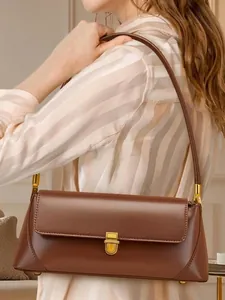 Women's Vintage Genuine Leather Baguette Bag French Minimalist Cowhide Underarm Shoulder Bag With Gold Metal Buckle Daily Tote