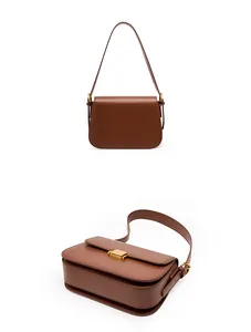 Detail view of brown leather box bag featuring golden metallic clasp and smooth texture