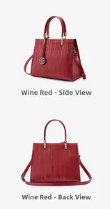 Detail of wine red leather handbag with bark texture and golden hardware from two angles