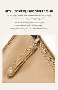 Dettaglio della cerniera in metallo argentato su borsa a tracolla in pelle beige