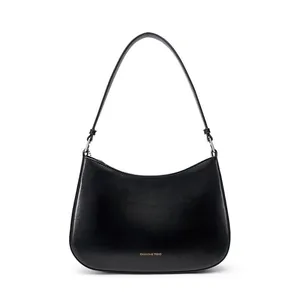 Classic black leather hobo bag with adjustable strap and silver Fashion & Trend logo