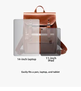 Detail showing high capacity storage for 14-inch laptop and 11-inch tablet in leather backpack