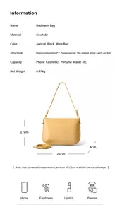 Detailed size chart for genuine cowhide shoulder bag showing dimensions 25x17x4cm
