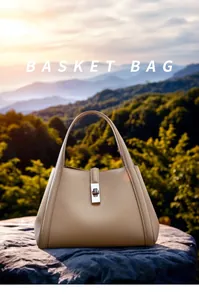 Detail of beige pebbled leather bucket bag with silver turn-lock clasp on a natural rock
