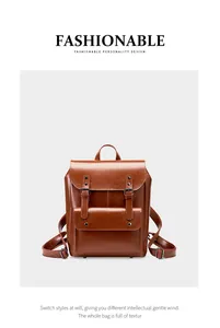 Close-up of vintage brown leather backpack featuring dual buckle straps and textured finish