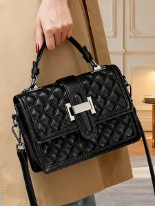 Damen Crossbody-Tasche Aus Echtem Leder Mit Rautensteppung Mode Vintage Quadratische Umhängetasche Handtasche Mit Metallschnalle