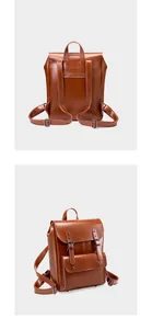Detailed views of vintage brown leather backpack with adjustable straps and buckles