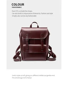 Detailed view of deep brown vintage leather backpack with polished finish and buckles