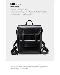 Macro shot of glossy black leather backpack featuring twin buckle straps and front pocket