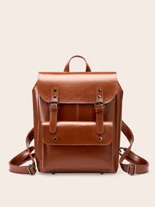 Retro brown leather backpack with large capacity and buckle straps for women