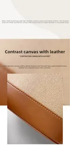 Detail of high-density canvas and brown leather stitching on a bucket bag