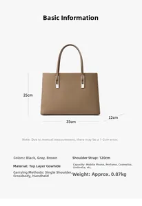 Detailansicht der Ledertasche mit Maßen 35x25x12cm und Materialspezifikationen
