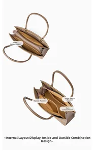Innenansicht der khakifarbenen Ledertasche mit großem Fassungsvermögen und Fächern