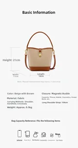 Detailed size diagram for the bucket bag showing dimensions 18x11x21cm and 108cm strap
