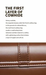 Macro detail of glossy brown genuine cowhide leather and stitching on the baguette bag