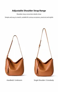 Detail of adjustable shoulder strap on brown leather hobo bag for versatile carrying