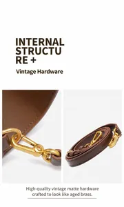 Detail of vintage gold swivel clasp and stitching on brown leather shoulder strap