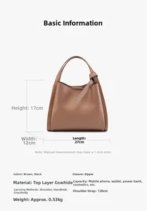 Schema delle dimensioni per borsa a secchiello in pelle marrone con misure e tracolla
