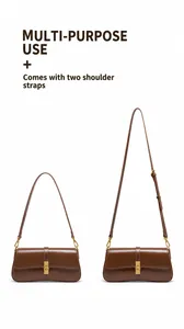 Brown leather baguette bag with dual detachable straps for shoulder and crossbody styles
