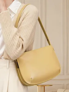 Women Genuine Split Cowhide Leather Underarm Bag Minimalist Vintage Shoulder Bag Zipper Handbag Wine Red Black Yellow