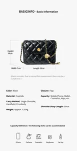 Detailed size specifications and material info for quilted leather chain shoulder bag
