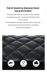 Macro shot of premium black top grain cowhide leather with diamond quilted pattern