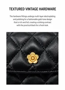 Detailed macro view of golden camellia flower hardware and quilted leather texture