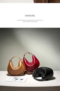 Three minimalist leather crescent hobo bags in caramel brown, burgundy, and classic black