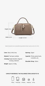 Detailed dimensions of the genuine leather Boston bag with internal capacity overview