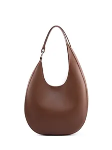 Minimalist dark brown leather crescent hobo bag with a sleek silver ring buckle design