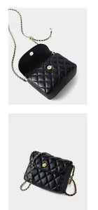 Detail view of black quilted leather bag with golden camellia flower metal clasp